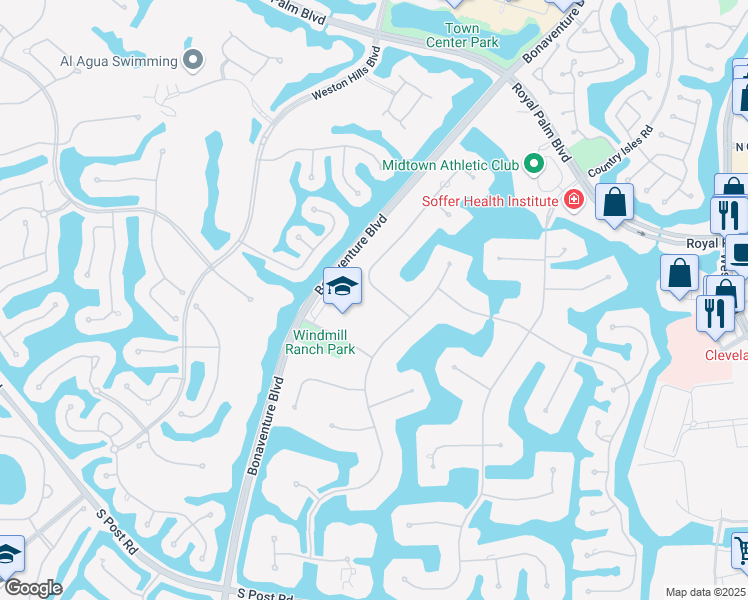 map of restaurants, bars, coffee shops, grocery stores, and more near 2815 Hackney Road in Weston