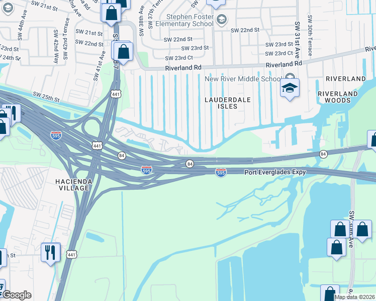 map of restaurants, bars, coffee shops, grocery stores, and more near 3641 West State Road 84 in Davie