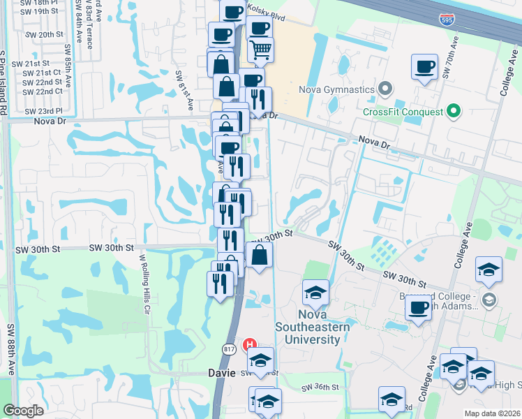 map of restaurants, bars, coffee shops, grocery stores, and more near 2906 South University Drive in Davie