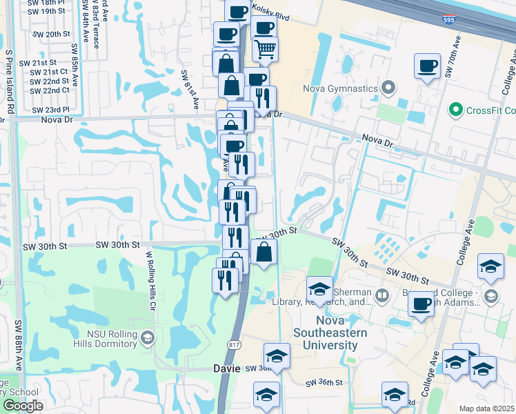map of restaurants, bars, coffee shops, grocery stores, and more near 2906 South University Drive in Davie