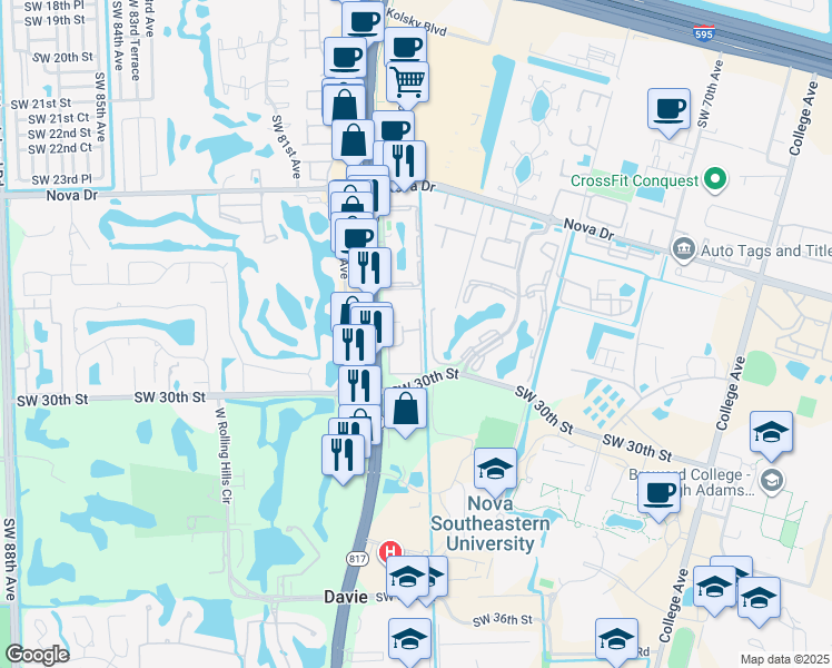 map of restaurants, bars, coffee shops, grocery stores, and more near 2906 South University Drive in Davie