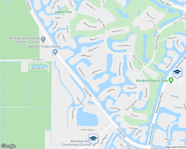 map of restaurants, bars, coffee shops, grocery stores, and more near 2820 Oakbrook Lane in Weston