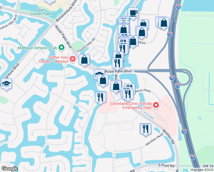 map of restaurants, bars, coffee shops, grocery stores, and more near 2701 Executive Park Drive in Weston