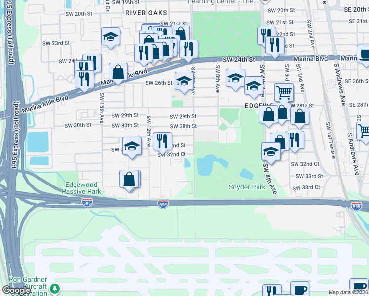 map of restaurants, bars, coffee shops, grocery stores, and more near 1050 Southwest 32nd Court in Fort Lauderdale