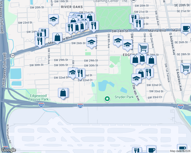 map of restaurants, bars, coffee shops, grocery stores, and more near 901 Southwest 32nd Court in Fort Lauderdale