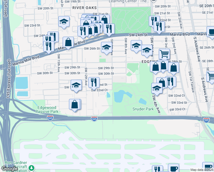 map of restaurants, bars, coffee shops, grocery stores, and more near 1050 Southwest 32nd Court in Fort Lauderdale