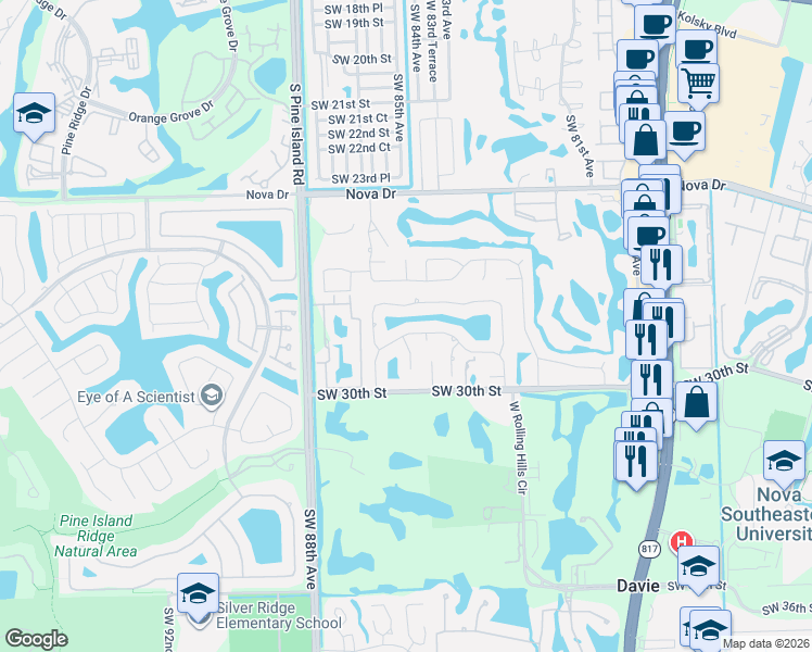 map of restaurants, bars, coffee shops, grocery stores, and more near 30 Southwest 28th Street in Davie
