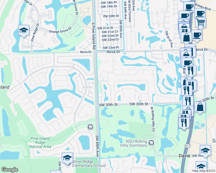 map of restaurants, bars, coffee shops, grocery stores, and more near 2921 Southwest 87th Avenue in Davie
