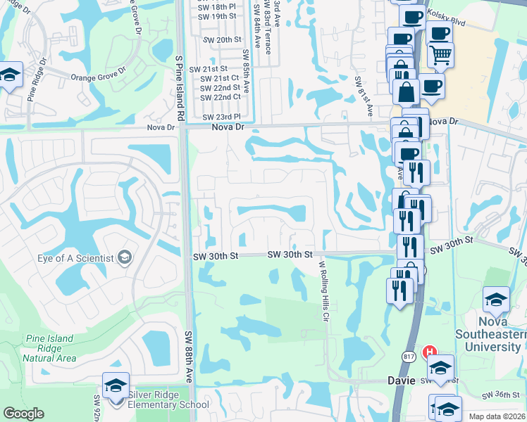 map of restaurants, bars, coffee shops, grocery stores, and more near 8400 Southwest 27th Place in Davie