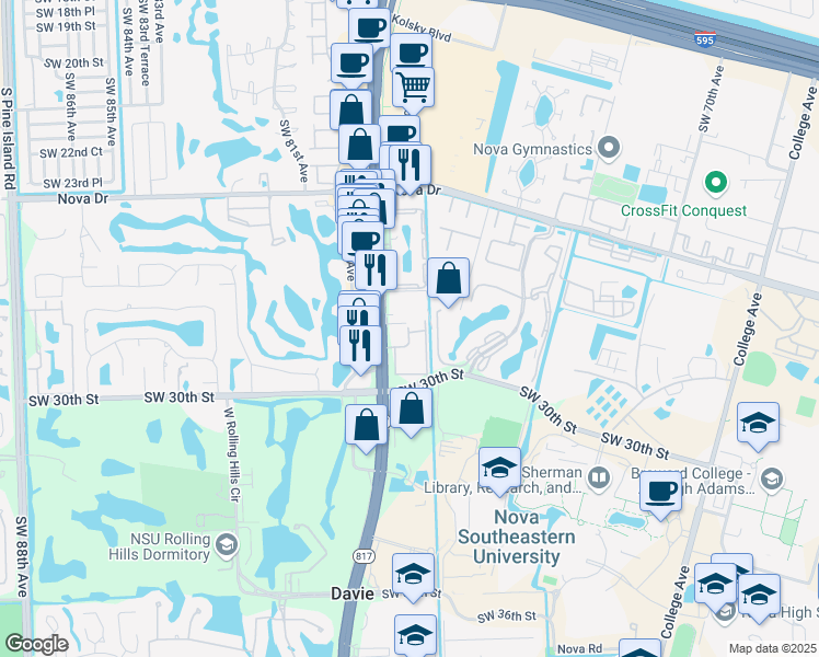 map of restaurants, bars, coffee shops, grocery stores, and more near 2786 South University Drive in Davie