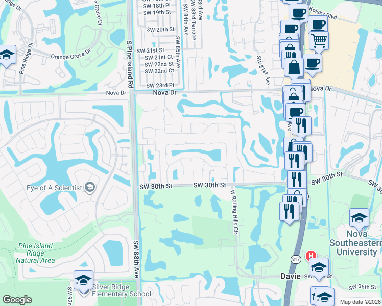 map of restaurants, bars, coffee shops, grocery stores, and more near 8400 Southwest 27th Place in Davie