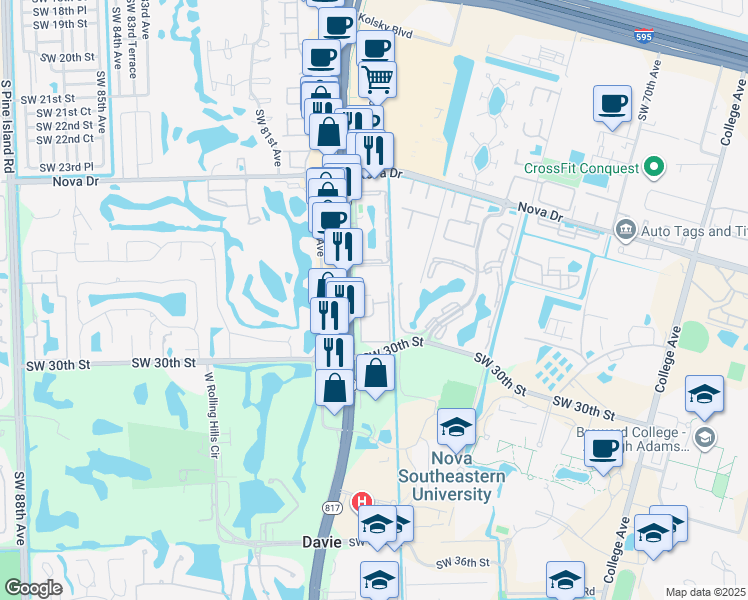 map of restaurants, bars, coffee shops, grocery stores, and more near 2786 South University Drive in Davie