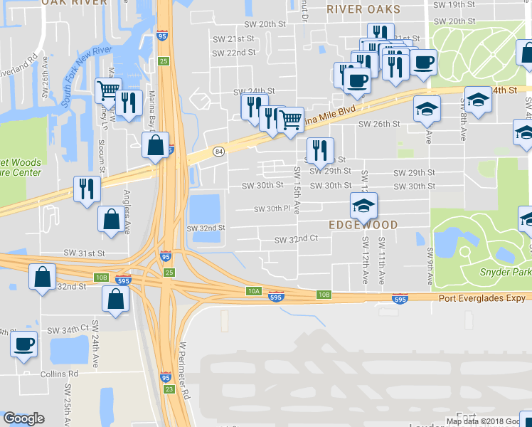 map of restaurants, bars, coffee shops, grocery stores, and more near 1711 Southwest 30th Place in Fort Lauderdale