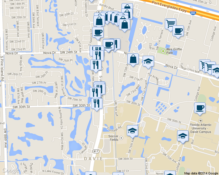 map of restaurants, bars, coffee shops, grocery stores, and more near 2786 South University Drive in Davie