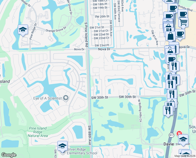 map of restaurants, bars, coffee shops, grocery stores, and more near 912 Southwest 27th Place in Davie