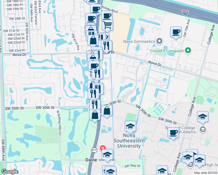 map of restaurants, bars, coffee shops, grocery stores, and more near 2786 South University Drive in Davie