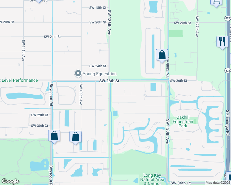 map of restaurants, bars, coffee shops, grocery stores, and more near 13575 Southwest 28th Street in Davie