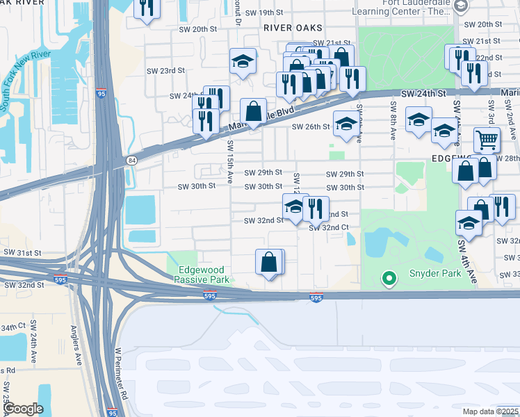 map of restaurants, bars, coffee shops, grocery stores, and more near 1312 Southwest 31st Street in Fort Lauderdale