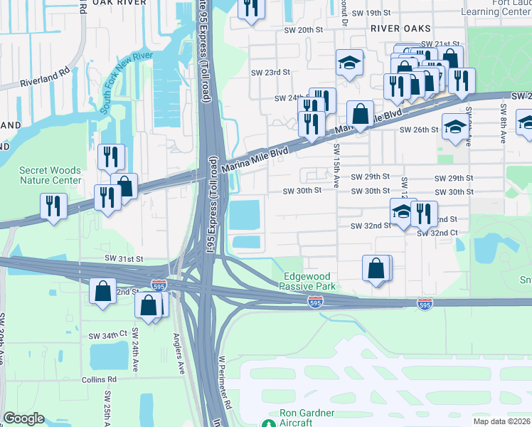 map of restaurants, bars, coffee shops, grocery stores, and more near 1771 Southwest 30th Place in Fort Lauderdale