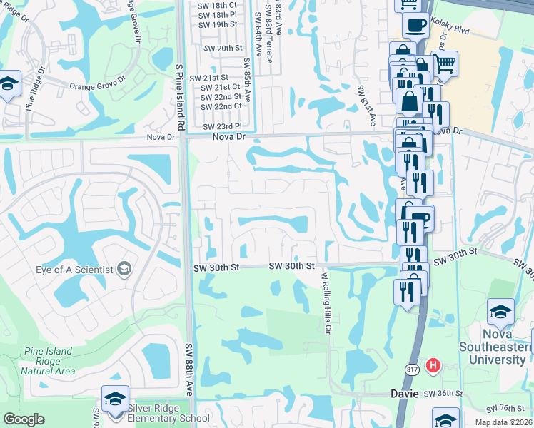 map of restaurants, bars, coffee shops, grocery stores, and more near 8400 Southwest 27th Place in Davie