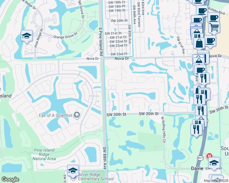 map of restaurants, bars, coffee shops, grocery stores, and more near 912 Southwest 27th Place in Davie