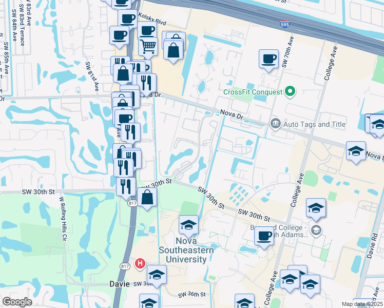 map of restaurants, bars, coffee shops, grocery stores, and more near 2501 Southwest 71st Terrace in Davie