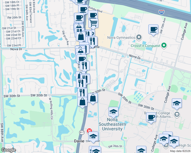 map of restaurants, bars, coffee shops, grocery stores, and more near 2786 South University Drive in Davie