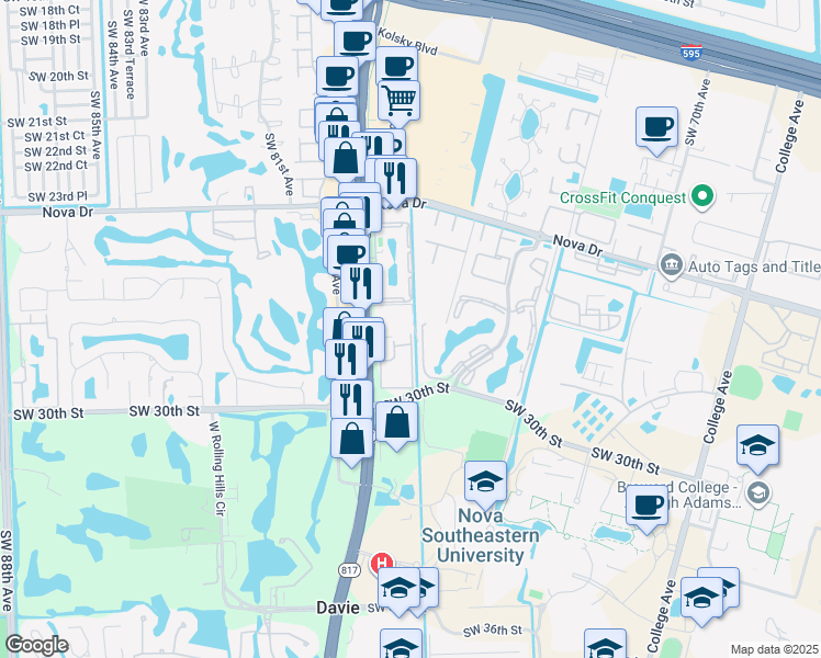 map of restaurants, bars, coffee shops, grocery stores, and more near 2786 South University Drive in Davie