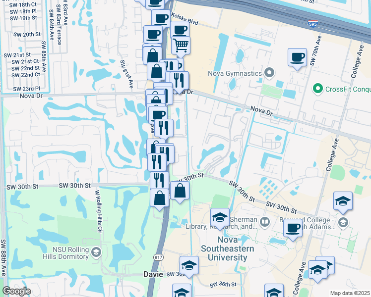 map of restaurants, bars, coffee shops, grocery stores, and more near 2786 South University Drive in Davie