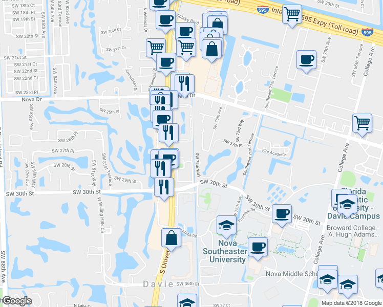 map of restaurants, bars, coffee shops, grocery stores, and more near 2786 South University Drive in Davie