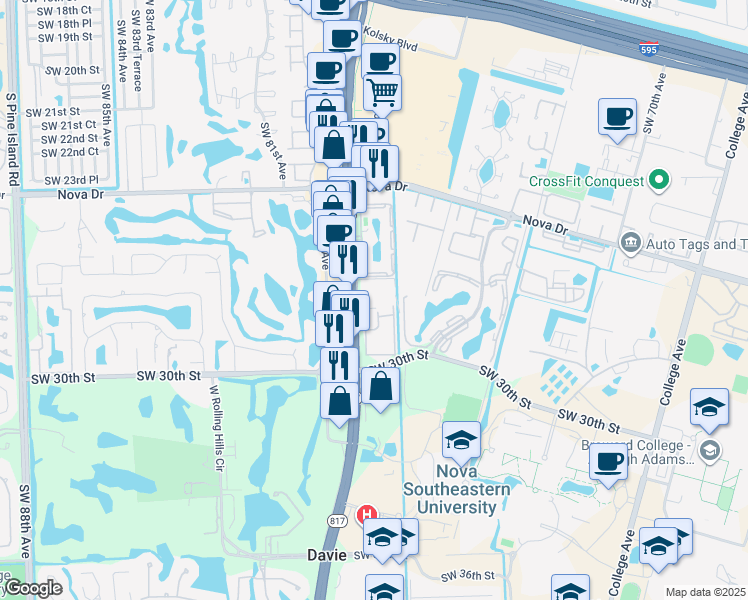 map of restaurants, bars, coffee shops, grocery stores, and more near 2786 South University Drive in Davie