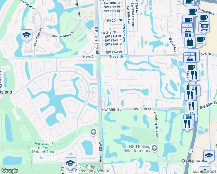 map of restaurants, bars, coffee shops, grocery stores, and more near 912 Southwest 27th Place in Davie