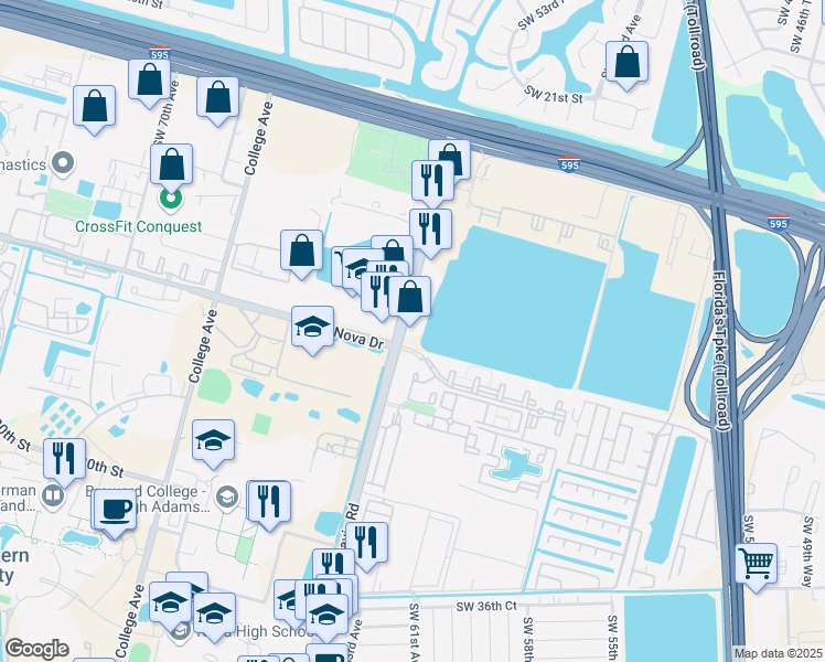 map of restaurants, bars, coffee shops, grocery stores, and more near 2860 Southwest 64th Avenue in Davie