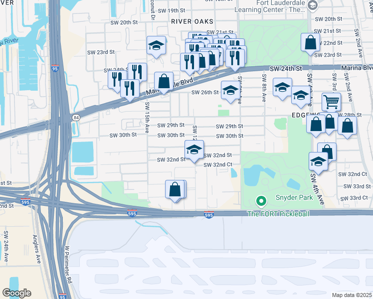 map of restaurants, bars, coffee shops, grocery stores, and more near 1216 Southwest 31st Street in Fort Lauderdale