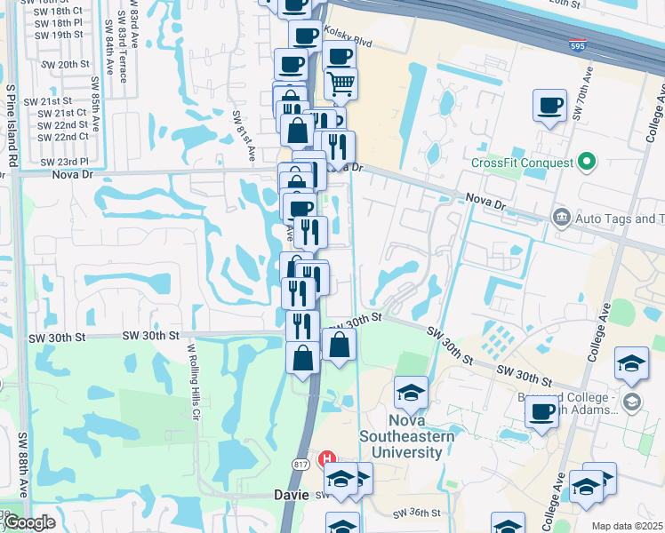 map of restaurants, bars, coffee shops, grocery stores, and more near 2786 South University Drive in Davie