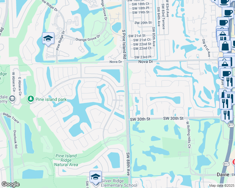 map of restaurants, bars, coffee shops, grocery stores, and more near 8863 Ivy Court in Davie