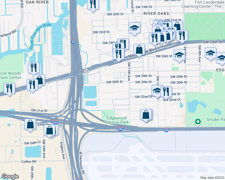 map of restaurants, bars, coffee shops, grocery stores, and more near 1711 Southwest 30th Place in Fort Lauderdale