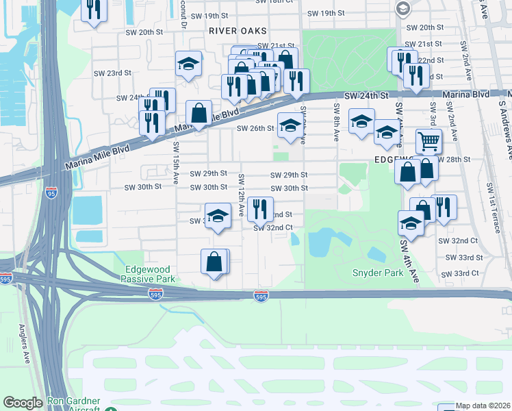 map of restaurants, bars, coffee shops, grocery stores, and more near 1090 Southwest 31st Street in Fort Lauderdale