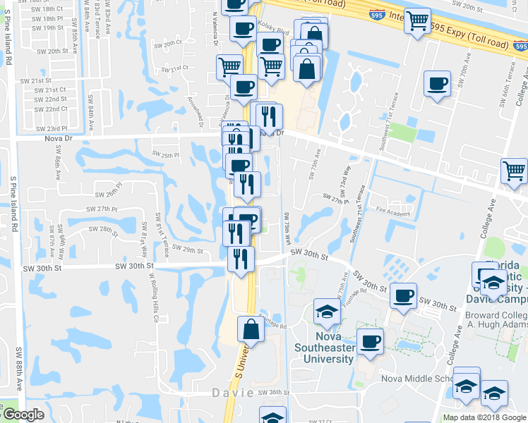 map of restaurants, bars, coffee shops, grocery stores, and more near 2786 South University Drive in Davie