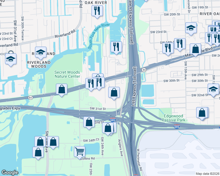 map of restaurants, bars, coffee shops, grocery stores, and more near 2296 Southwest 28th Way in Fort Lauderdale