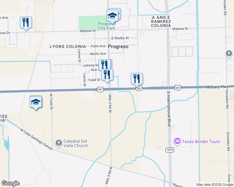 map of restaurants, bars, coffee shops, grocery stores, and more near 200 U.S. 281 in Weslaco