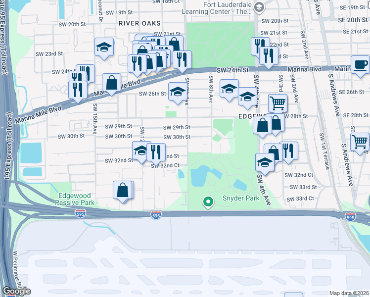 map of restaurants, bars, coffee shops, grocery stores, and more near 3100 Southwest 9th Avenue in Fort Lauderdale