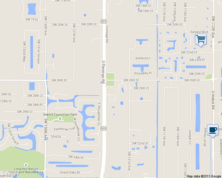 map of restaurants, bars, coffee shops, grocery stores, and more near 2670 South Flamingo Road in Davie