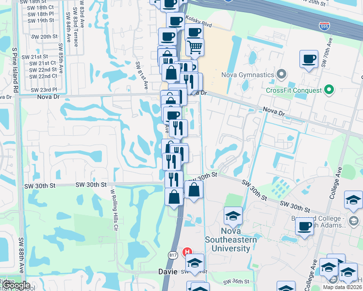 map of restaurants, bars, coffee shops, grocery stores, and more near 2725 South University Drive in Davie