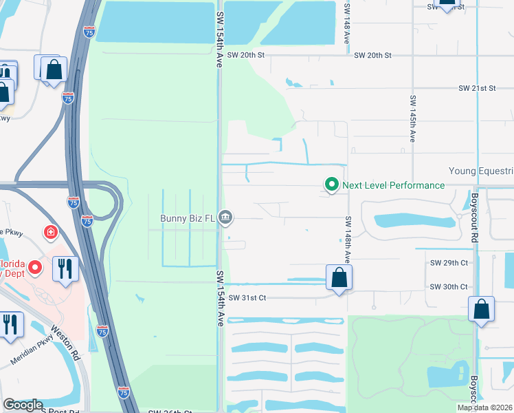 map of restaurants, bars, coffee shops, grocery stores, and more near 15101 Southwest 27th Street in Davie