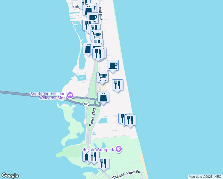 map of restaurants, bars, coffee shops, grocery stores, and more near 406 Padre Boulevard in South Padre Island