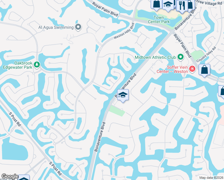 map of restaurants, bars, coffee shops, grocery stores, and more near 2686 Oakmont Drive in Weston