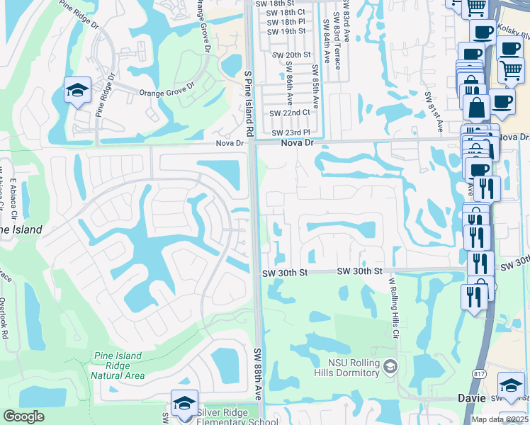 map of restaurants, bars, coffee shops, grocery stores, and more near 8 Southwest 87th Avenue in Davie