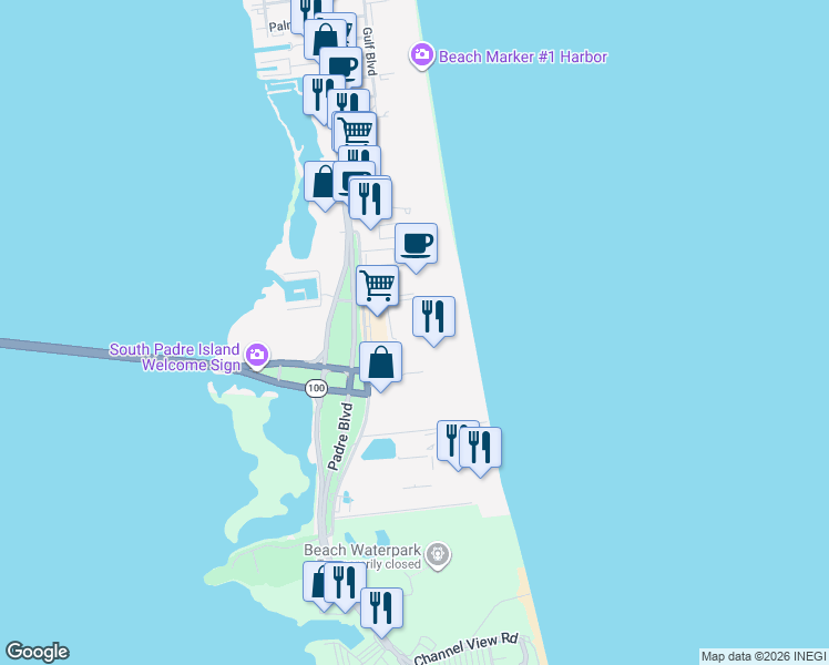 map of restaurants, bars, coffee shops, grocery stores, and more near 406 Padre Boulevard in South Padre Island