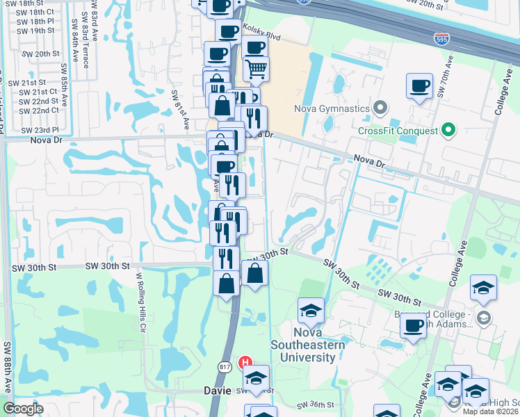 map of restaurants, bars, coffee shops, grocery stores, and more near 2786 South University Drive in Davie